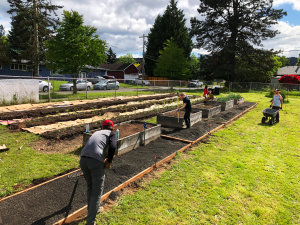 Sitton Elementary High angle shot of voluteers moving gravel into ADA path trench.