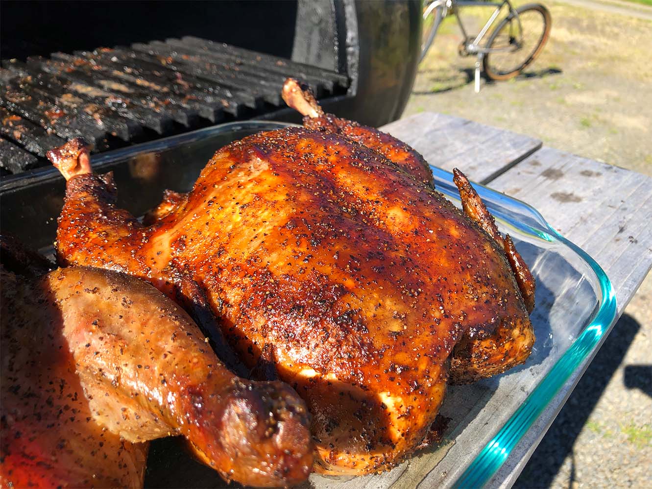 Whole smoked chicken fresh off of the smoker